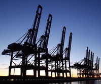 Container cranes at sunset